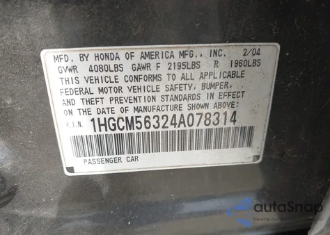 2004 Honda Accord 2.4 Lx z USA, uszkodzony, nr VIN 1HGCM56324A078314